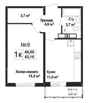 1-к квартира, вторичка, 40м2, 1/17 этаж