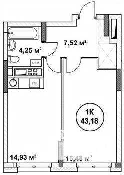 1-к квартира, строящийся дом, 43м2, 19/22 этаж