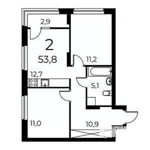 2-к квартира, сданный дом, 53м2, 1/19 этаж