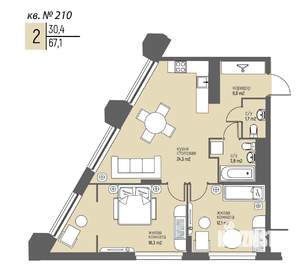 2-к квартира, вторичка, 67м2, 20/25 этаж