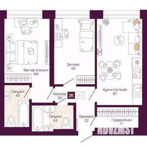 2-к квартира, вторичка, 60м2, 15/25 этаж