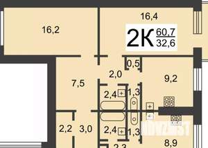 2-к квартира, вторичка, 61м2, 5/9 этаж