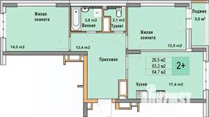 2-к квартира, вторичка, 65м2, 22/25 этаж