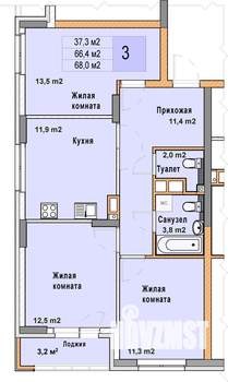 3-к квартира, вторичка, 68м2, 3/25 этаж