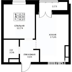1-к квартира, строящийся дом, 39м2, 19/24 этаж