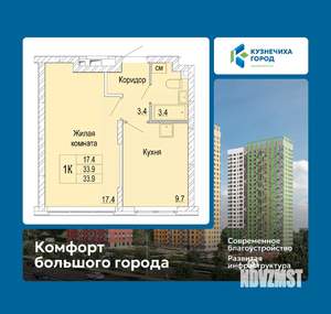 1-к квартира, вторичка, 34м2, 1/25 этаж