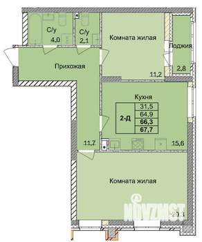 2-к квартира, вторичка, 66м2, 1/18 этаж