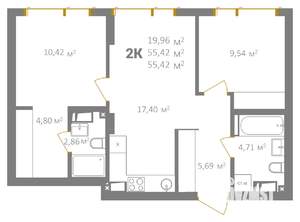 2-к квартира, вторичка, 55м2, 16/18 этаж