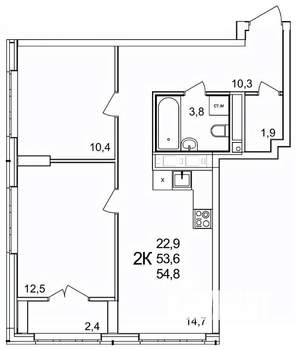 2-к квартира, строящийся дом, 55м2, 22/25 этаж