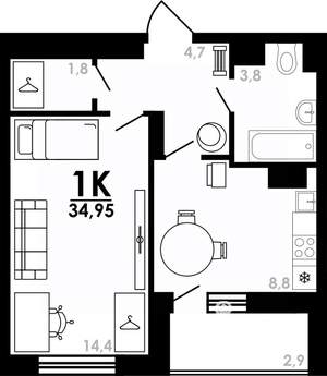1-к квартира, вторичка, 35м2, 4/25 этаж