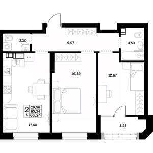 2-к квартира, строящийся дом, 65м2, 3/17 этаж