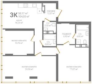 3-к квартира, строящийся дом, 104м2, 22/24 этаж