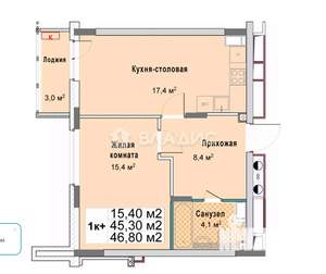 1-к квартира, строящийся дом, 44м2, 7/12 этаж