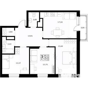 3-к квартира, строящийся дом, 77м2, 18/24 этаж