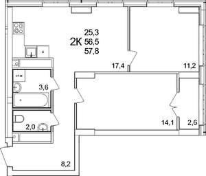 2-к квартира, вторичка, 58м2, 20/25 этаж