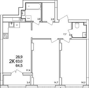 2-к квартира, вторичка, 65м2, 2/19 этаж