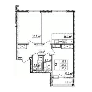 2-к квартира, строящийся дом, 58м2, 21/25 этаж