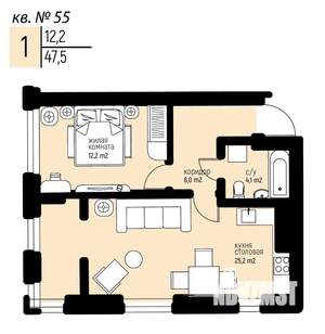 1-к квартира, вторичка, 48м2, 5/25 этаж