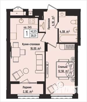 1-к квартира, вторичка, 42м2, 15/15 этаж