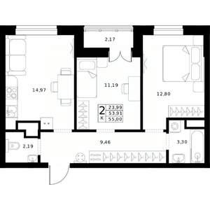 2-к квартира, строящийся дом, 55м2, 15/24 этаж