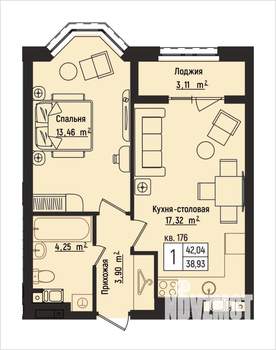 1-к квартира, вторичка, 42м2, 7/15 этаж