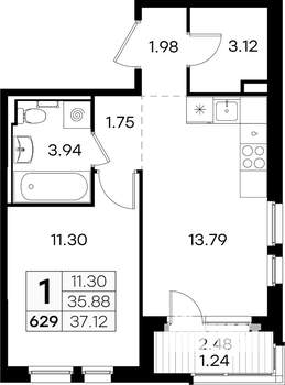 1-к квартира, вторичка, 37м2, 3/9 этаж