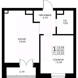 1-к квартира, строящийся дом, 41м2, 12/24 этаж