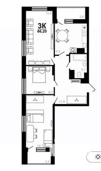 3-к квартира, вторичка, 66м2, 18/25 этаж