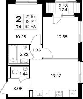 2-к квартира, вторичка, 45м2, 7/9 этаж