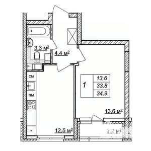 1-к квартира, строящийся дом, 35м2, 12/25 этаж