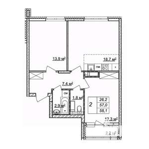 2-к квартира, строящийся дом, 58м2, 22/25 этаж