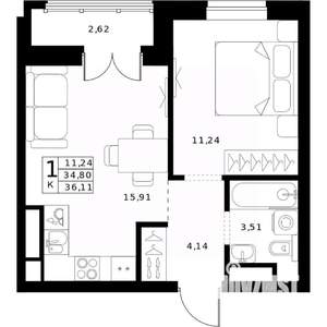 1-к квартира, вторичка, 36м2, 22/24 этаж
