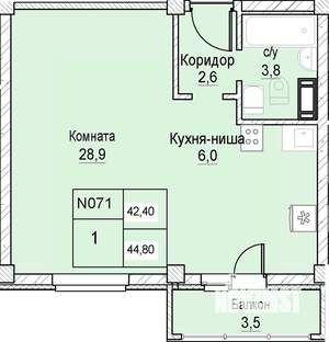 1-к квартира, вторичка, 42м2, 7/12 этаж