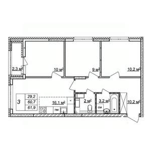 3-к квартира, строящийся дом, 62м2, 20/25 этаж