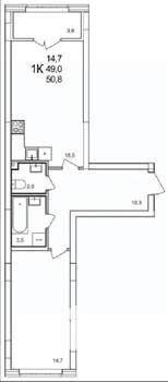 1-к квартира, вторичка, 51м2, 11/19 этаж