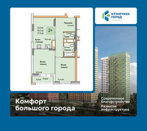 2-к квартира, вторичка, 58м2, 19/25 этаж