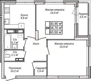 2-к квартира, строящийся дом, 61м2, 13/23 этаж