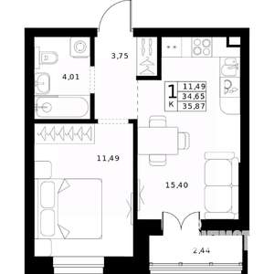 1-к квартира, строящийся дом, 36м2, 2/24 этаж