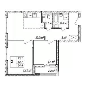2-к квартира, строящийся дом, 55м2, 18/25 этаж