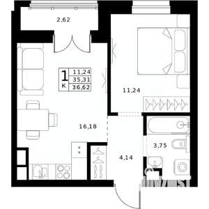 1-к квартира, строящийся дом, 37м2, 7/24 этаж