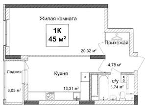 1-к квартира, строящийся дом, 45м2, 16/17 этаж