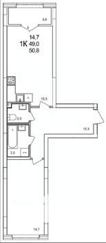 1-к квартира, вторичка, 51м2, 8/19 этаж