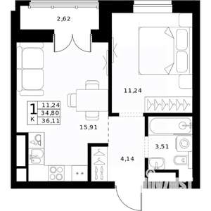 1-к квартира, строящийся дом, 36м2, 20/24 этаж
