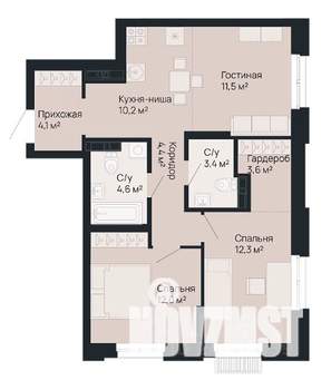 2-к квартира, строящийся дом, 66м2, 1/9 этаж