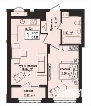 1-к квартира, вторичка, 42м2, 12/15 этаж
