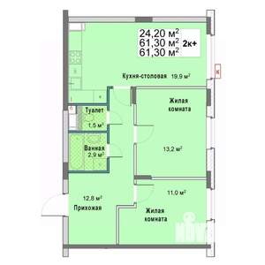 2-к квартира, вторичка, 61м2, 4/12 этаж