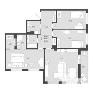 3-к квартира, вторичка, 93м2, 6/10 этаж