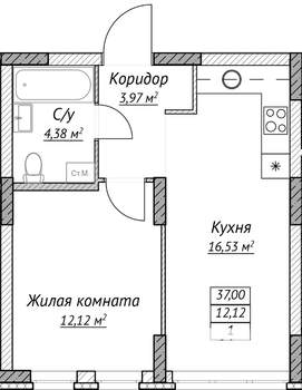 1-к квартира, строящийся дом, 37м2, 2/14 этаж