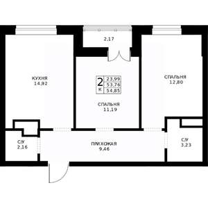2-к квартира, строящийся дом, 55м2, 22/24 этаж