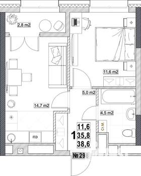 1-к квартира, вторичка, 39м2, 21/24 этаж